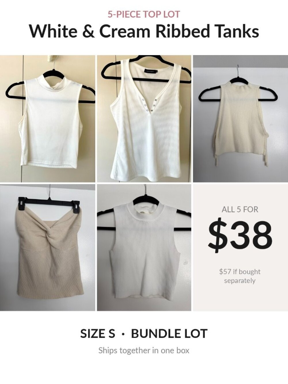 Bundle Lot 5 White Cream Ribbed Tank Tops Size S Mock Neck Basics